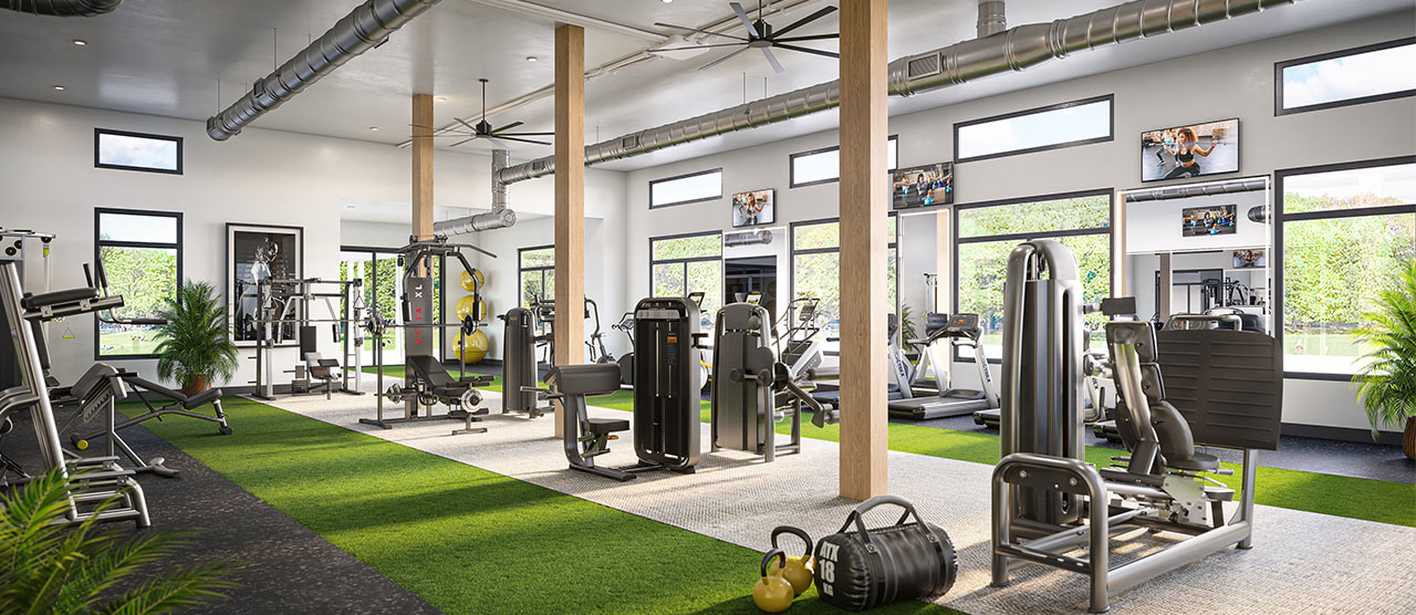 South Reno, NV Apartments with Attached Garage - Elysium - Fitness Center with Weight Training Machines, Treadmills, Ceiling Fan, Wall-Mounted TVs, and Expansive Windows.