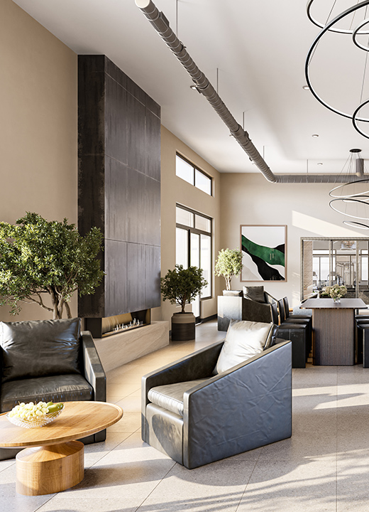 South Reno, NV Pet-Friendly Luxury Apartments - Elysium - Resident Lounge with High Ceiling, Bar, Dining Table, Chairs, Comfortable Seating, and Kitchen Area.