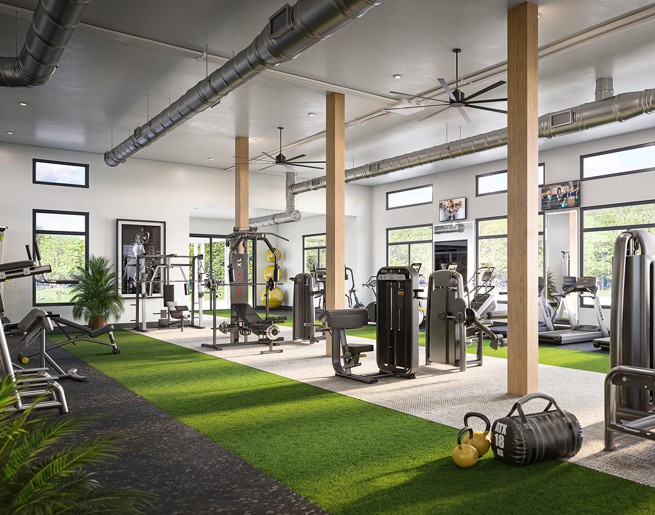 South Reno, NV Apartments with Attached Garage - Elysium - Fitness Center with Weight Training Machines, Treadmills, Ceiling Fan, Wall-Mounted TVs, and Expansive Windows.