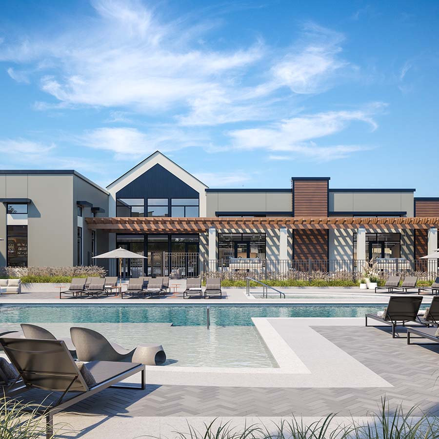 Rendering of Elysium Apartments pool area with lounge chairs and hot tub.