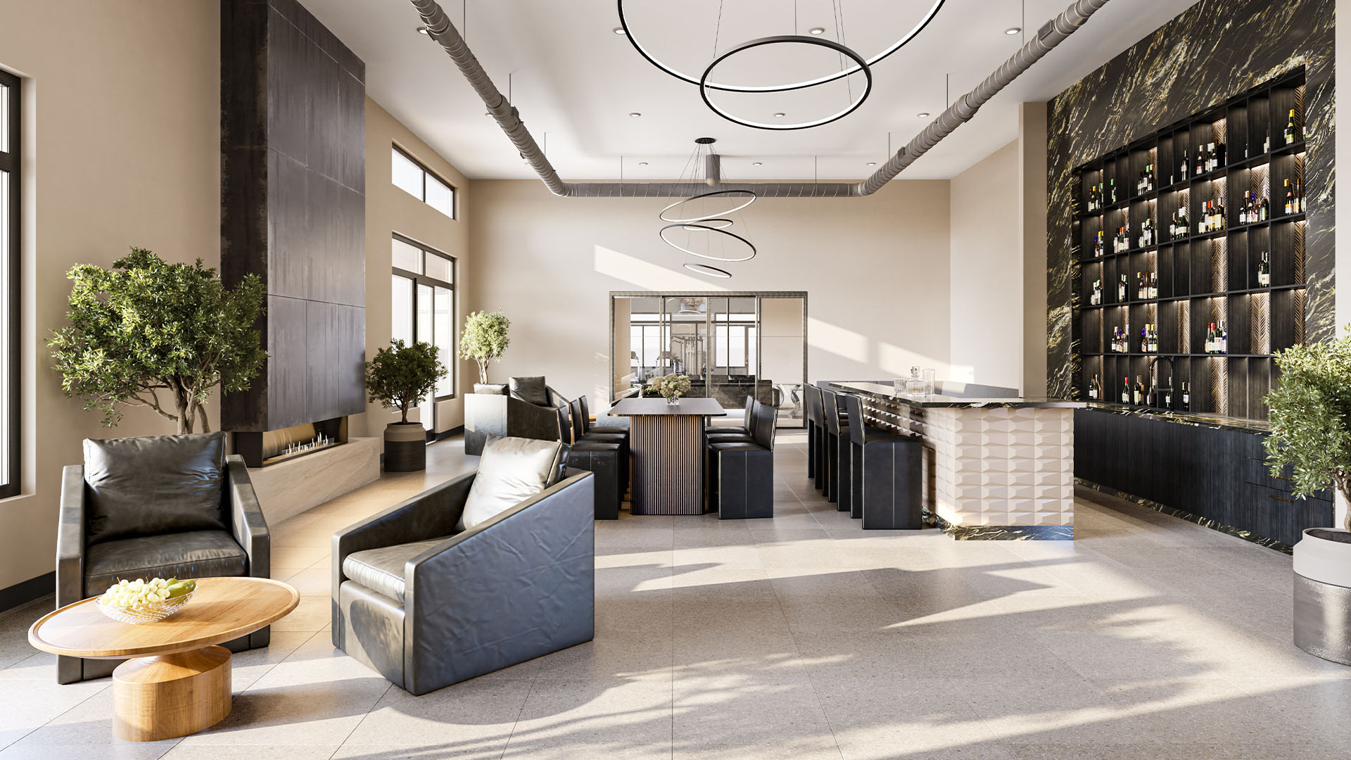 Rendering of Elysium leasing office with community bar, fireplace, plush seating, and elegant decor.