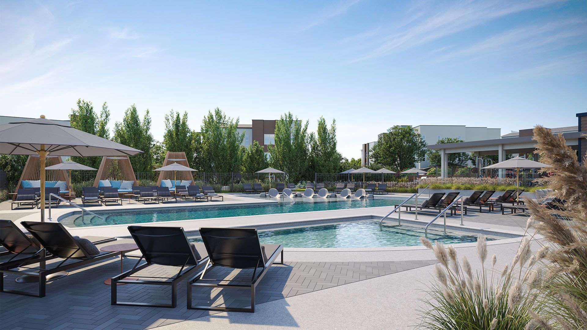 Rendering of Elysium Apartments pool area with lounge chairs and hot tub.