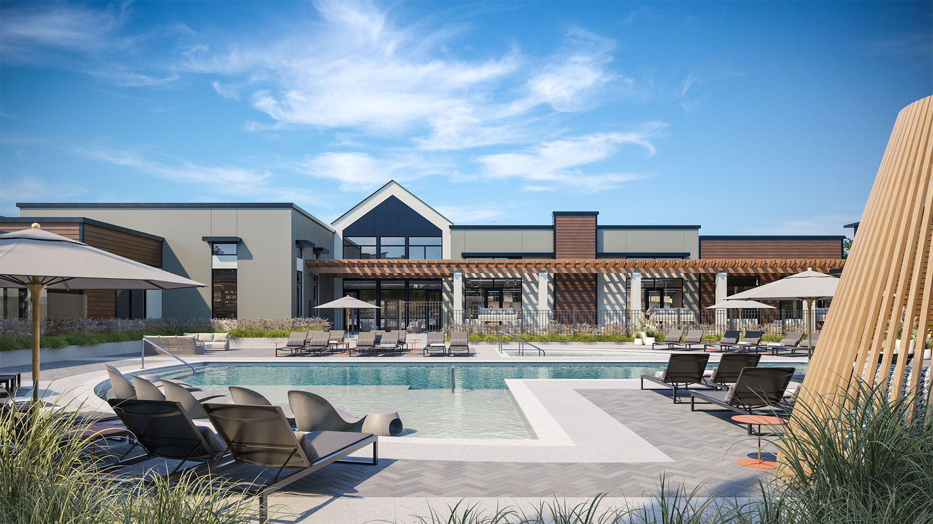 Rendering of Elysium Apartments pool area with lounge chairs and hot tub.
