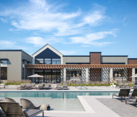 Rendering of Elysium Apartments pool area with lounge chairs and hot tub.