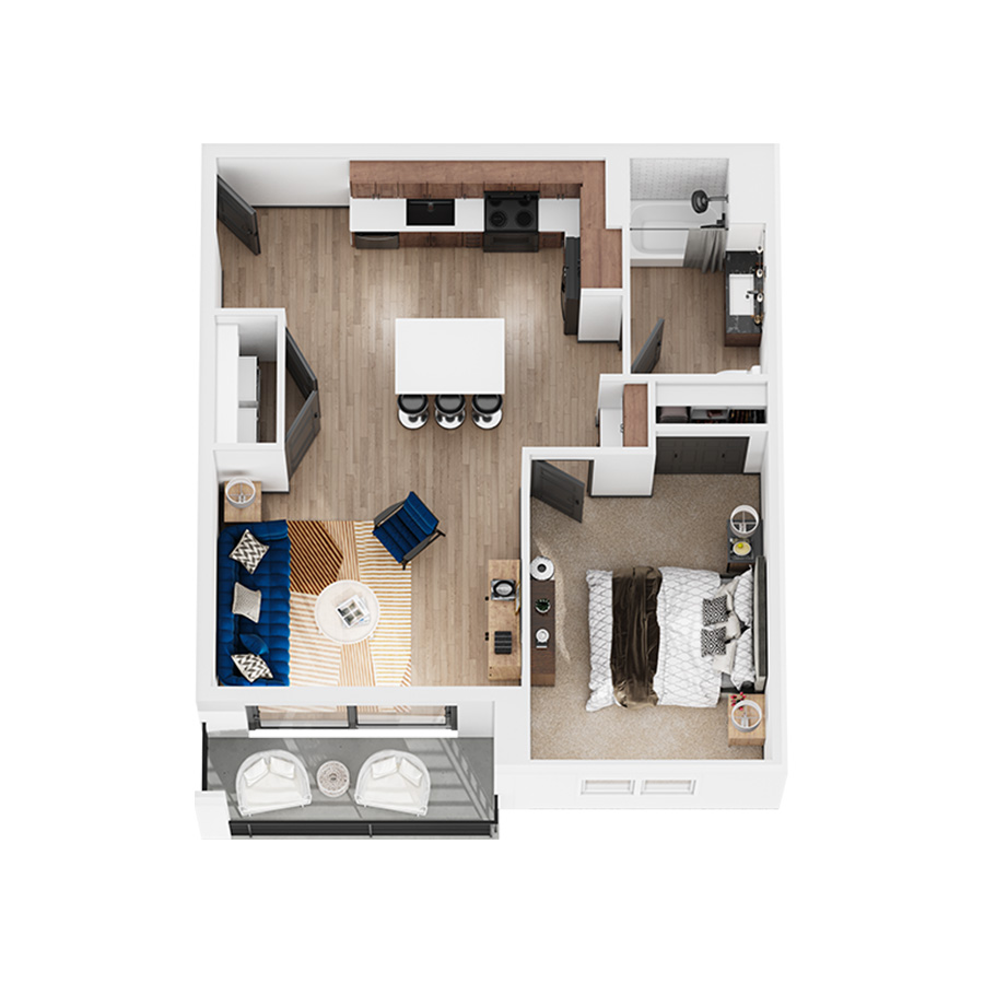 Rendering of the Alpine floor plan with 1 bedroom[s] and 1 bathroom[s] at Elysium