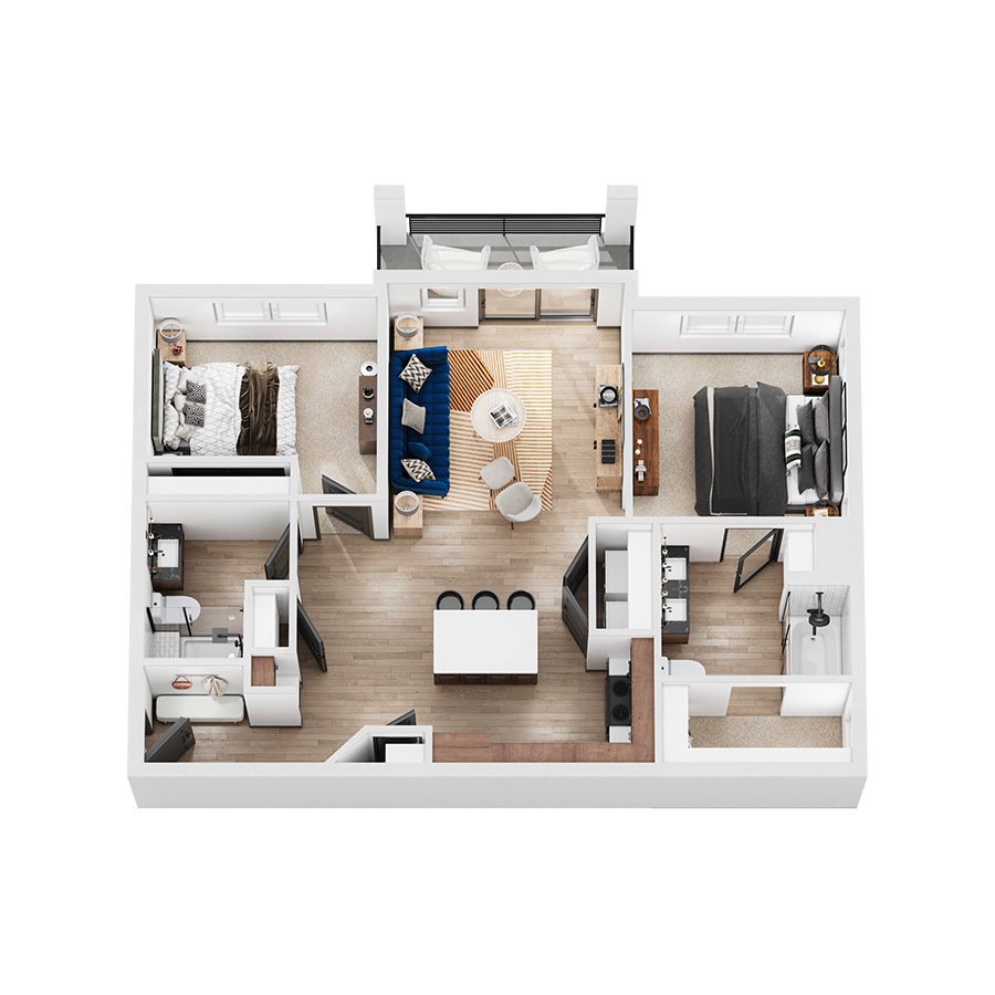 Rendering of the Rainier floor plan with 2 bedroom[s] and 2 bathroom[s] at Elysium