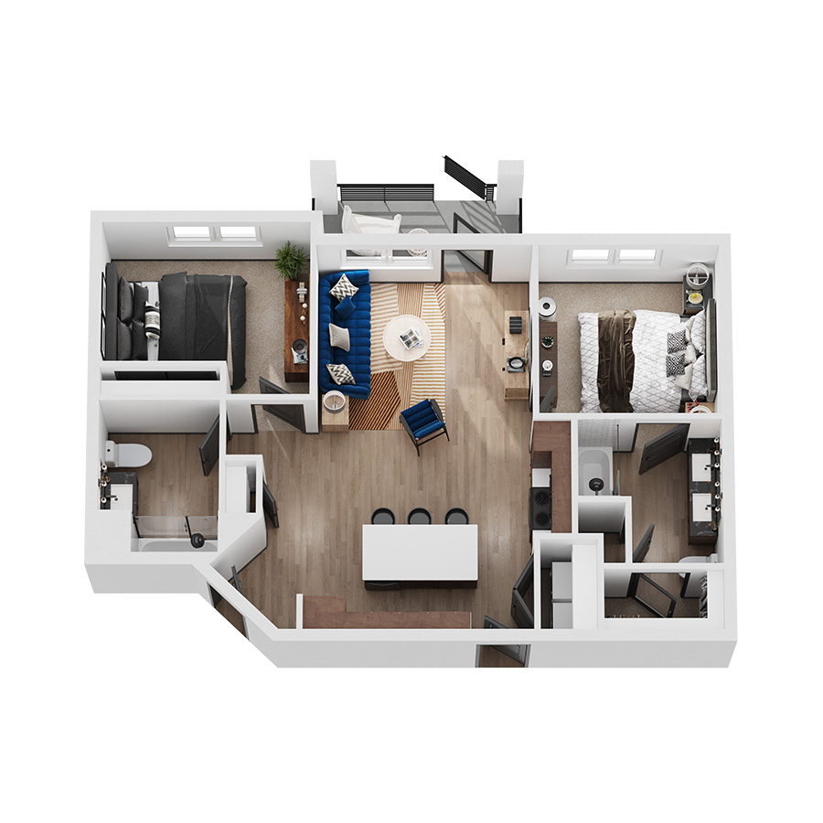 Rendering of the Everest floor plan with 2 bedroom[s] and 2 bathroom[s] at Elysium