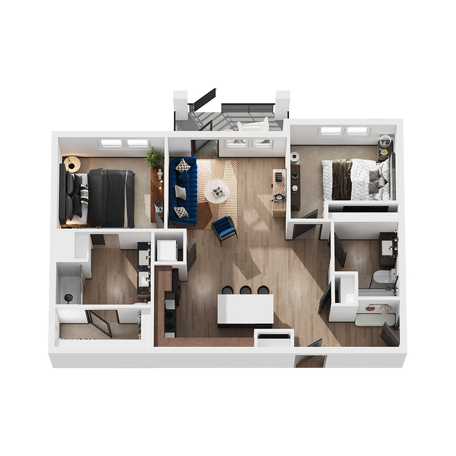 Rendering of the Denali floor plan with 2 bedroom[s] and 2 bathroom[s] at Elysium
