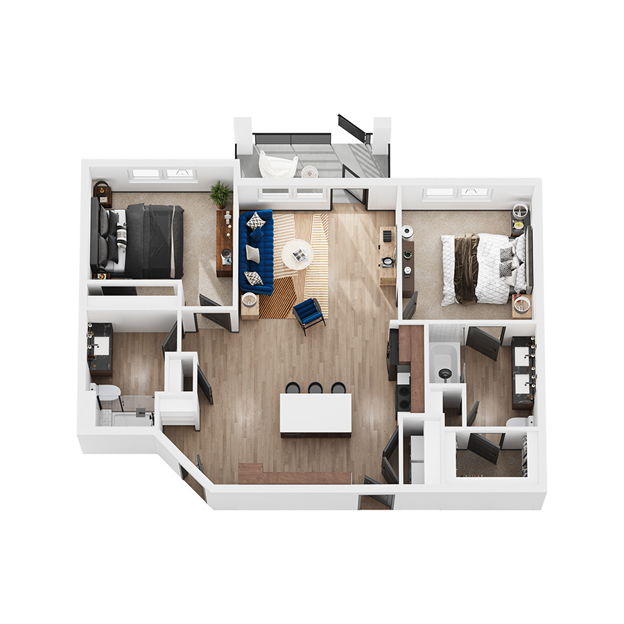 Rendering of the Glacier floor plan with 2 bedroom[s] and 2 bathroom[s] at Elysium