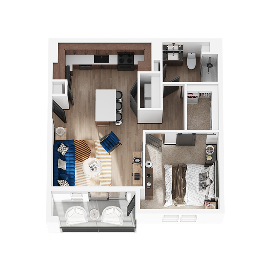 Rendering of the Cascade floor plan with 1 bedroom[s] and 1 bathroom[s] at Elysium
