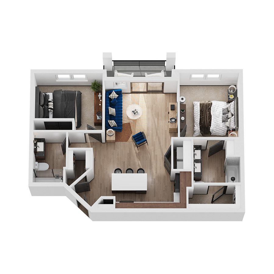 Rendering of the Olympus floor plan with 2 bedroom[s] and 2 bathroom[s] at Elysium