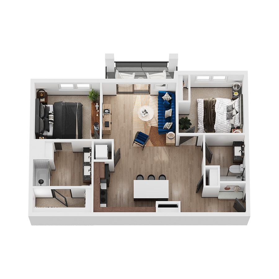 Rendering of the Peak floor plan with 2 bedroom[s] and 2 bathroom[s] at Elysium