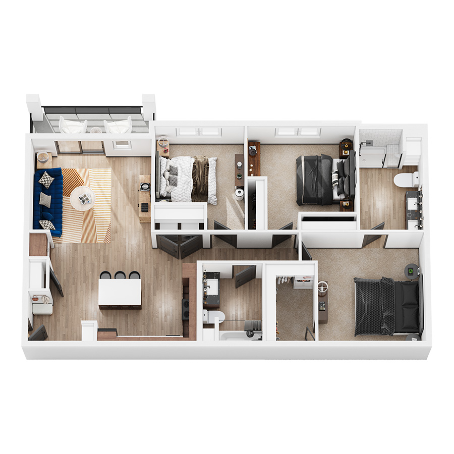 Rendering of the Shasta floor plan with 3 bedroom[s] and 2 bathroom[s] at Elysium